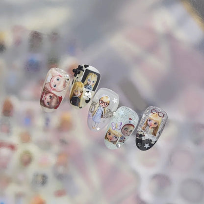 Sweet Cool Y2K Vintage Nostalgic Rag Doll Cartoon Nail Stickers, Retro Doll Nails Art Decals for Manicure Decor