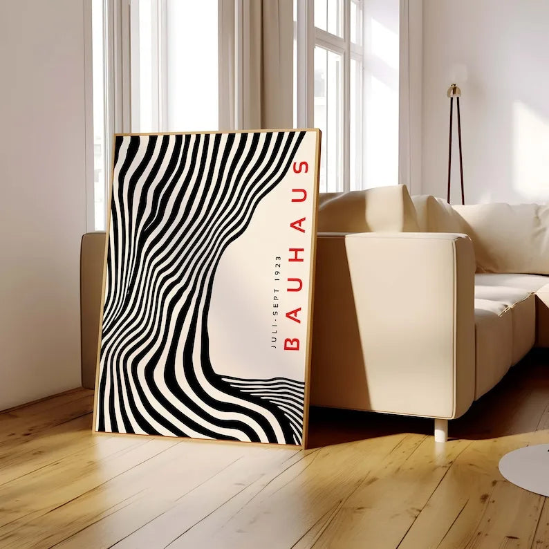 Mid Century Modern Black Bauhaus Canvas Wall Art Poster, Unframed Wavy Minimalist Bauhaus Wall Art Prints for Living Room Dec