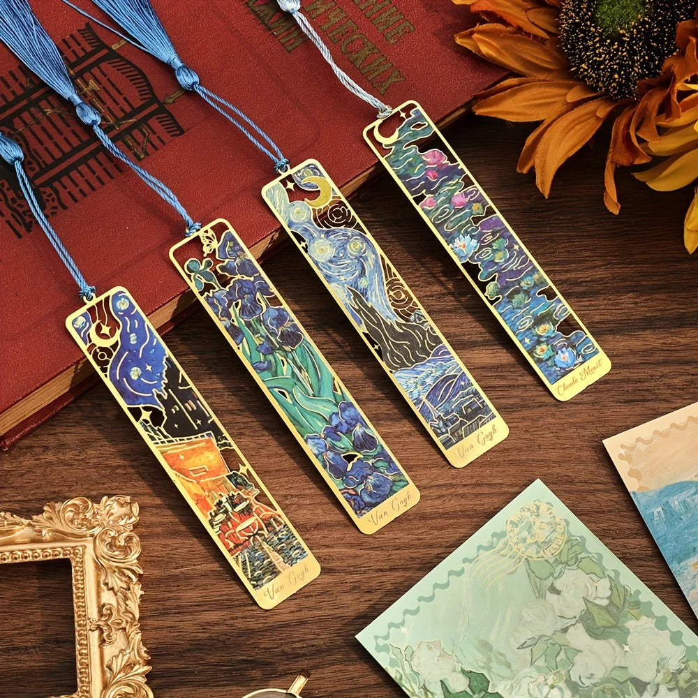 Vintage Oil Painting Metal Bookmarks - Hollow Hot Stamping Long Tassel Bookmarks - Stationery Gifts for Book Clubs, Book Love