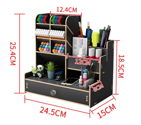 Wooden Desk Organiser DIY Desktop Tidy Pen Holder Large Capacity Stationery Storage Box with Drawer for Home Office and Schoo