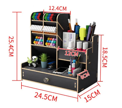 Wooden Desk Organiser DIY Desktop Tidy Pen Holder Large Capacity Stationery Storage Box with Drawer for Home Office and Schoo