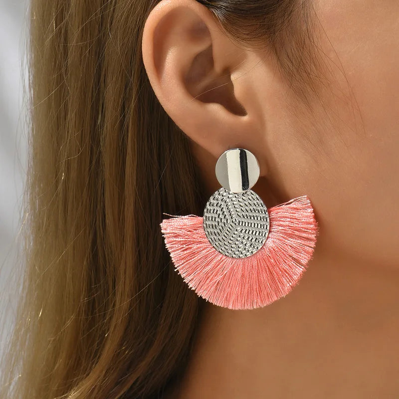 Fashion Bohemian Big Tassel Dangle White Fringe Female Earrings Drop Earrings for Women Statement Wedding Jewelry - pink