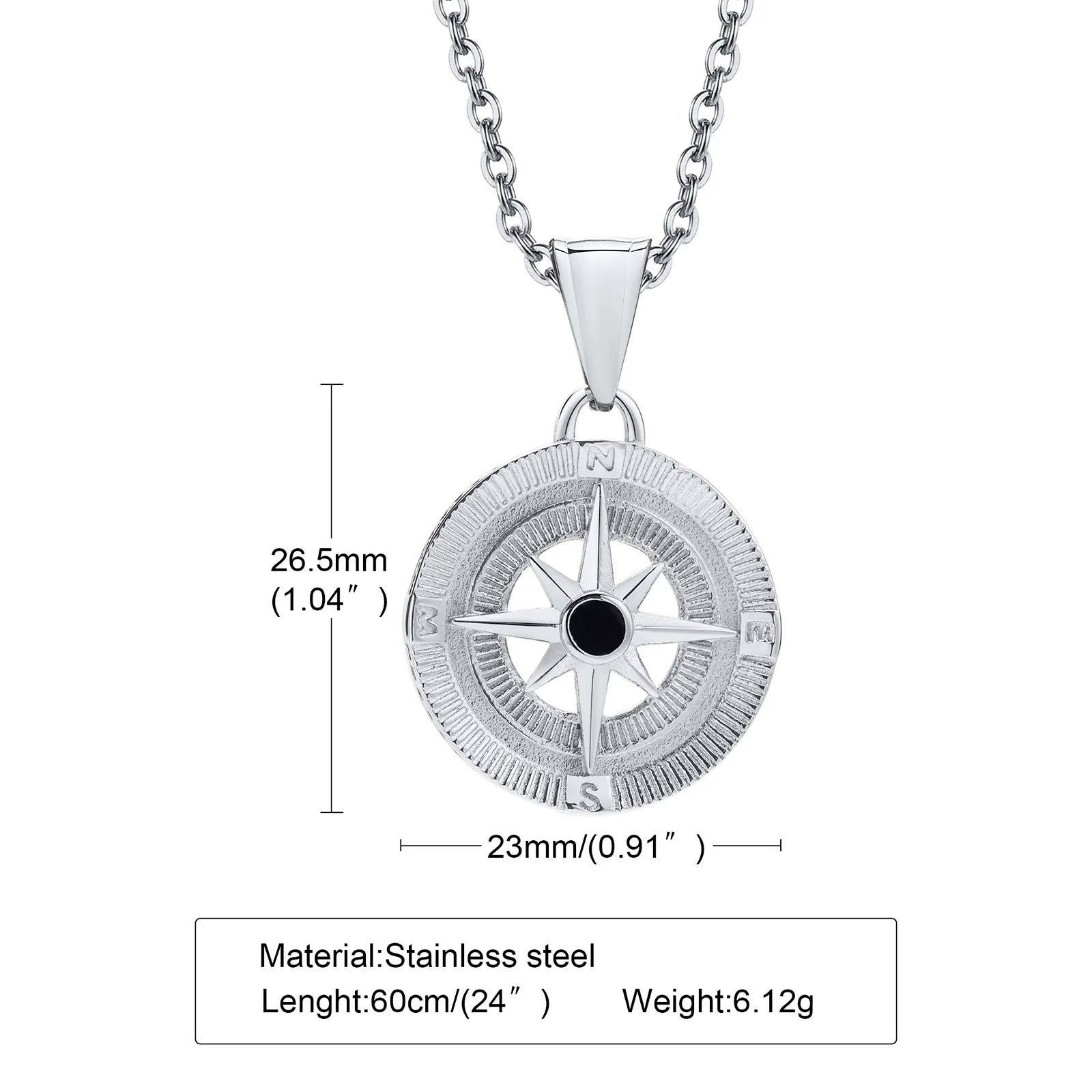 Vintage Compass Pendant Necklaces for Men Boys, Stainless Steel Coin Necklace, Rock Hiphop Collar Graduation Guide Gift - PN-