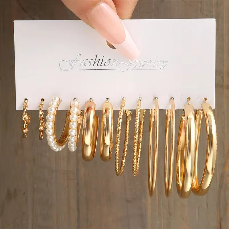 Fashion Geometric Hoop Earrings Set for Women Vintage Bohemian Pearl Gold Color Round Earring Punk Daily Wear Jewelry Gifts 2