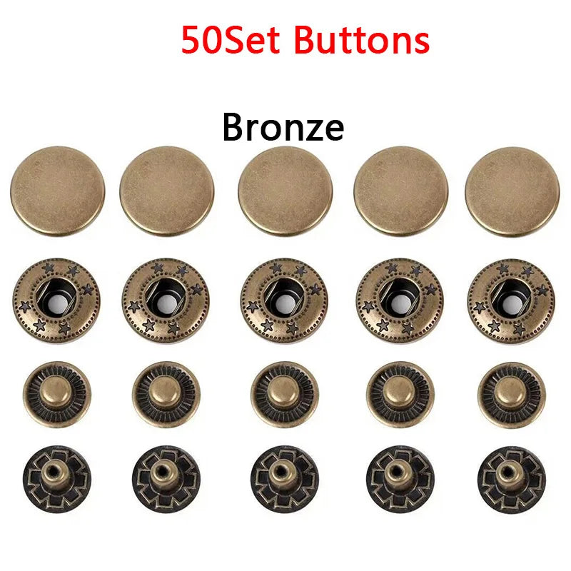 50Sets Leather Snap Fasteners Kit 10mm 12mm 15mm Metal Button Snaps Press Studs 4 Install Tools Leather Snaps For DIY Clothes