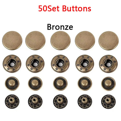 50Sets Leather Snap Fasteners Kit 10mm 12mm 15mm Metal Button Snaps Press Studs 4 Install Tools Leather Snaps For DIY Clothes