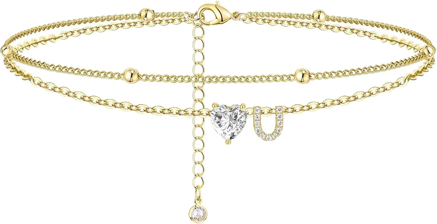 Ankle Bracelets for Women Waterproof 14K Gold Plated CZ Initial Dainty Layered Heart Anklets Foot Chain Summer Beach Jewelry 