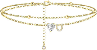 Ankle Bracelets for Women Waterproof 14K Gold Plated CZ Initial Dainty Layered Heart Anklets Foot Chain Summer Beach Jewelry 
