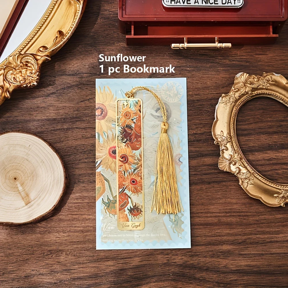 Vintage Oil Painting Metal Bookmarks - Hollow Hot Stamping Long Tassel Bookmarks - Stationery Gifts for Book Clubs, Book Love
