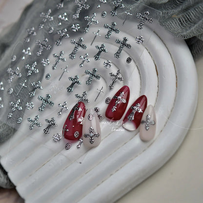 Gold Silver Metal Nail Stickers Dark Retro High-end Cross Nail Art Accessories Sticker Back Blue Nails 3D Decorations Decals 
