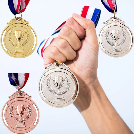 Gold Silver Bronze Trophy Award 1st 2nd 3rd Prize Medal Winner Reward Encourage Badge with Neck Ribbon for Kids Competitions