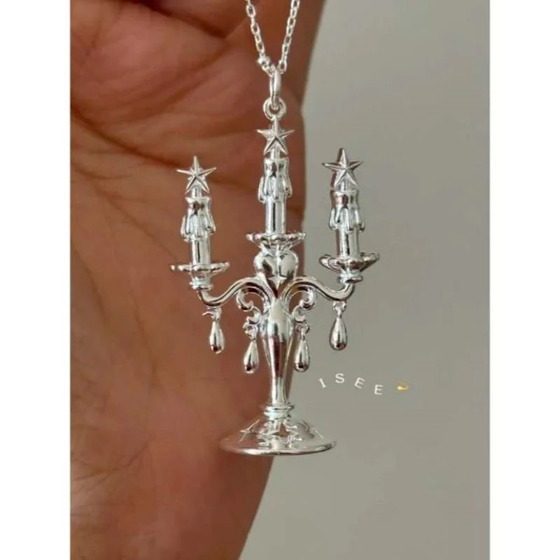 2025 Vintage Silver Color Candle Holder Metal Pendant Necklace for Women Girls Sweater Chain Party Fashion Jewelry Gift