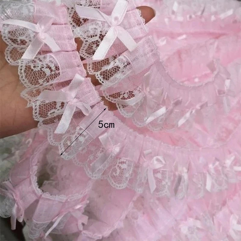 1Yard Pink Ruffle Wave Bow Embroidery Lace Fabric Trim DIY Clothing Wedding Home Gift Decoration Handmade Sewing Crafts Suppl