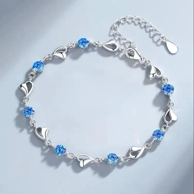 925 Sterling Silver Heart Shaped Necklace Bracelet Set for Women Vintage Korean Blue Crystal Bracelets Jewelry Set Party Jewe
