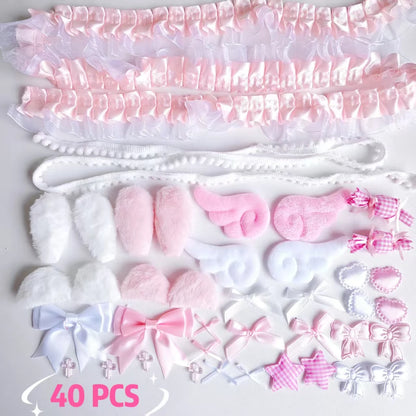 40 Pieces of Lace Handmade Material Kit, Lace Plush Bunny Ears, Angel Wings Accessories, Clothing Accessories, Heart and Star