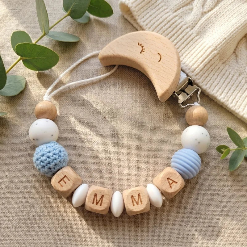 Personalized Pacifier Clip Custom Name Silicone Wooden Beads Baby Teether Chain Soother Holder BPA Free Newborn Baby Shower G