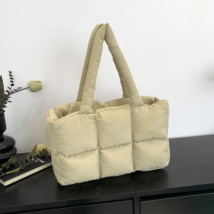 Women Tote Handbags Quilted Plaid Bag Retro Trendy Checkered Waterproof Shoulder Bag Solid Color Winter Soft Large Capacity B
