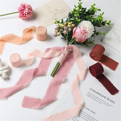 3 Roll/set 5m Frayed Edged Satin Handmade Chiffon Silk Ribbon For Wedding Invitation Bouquets Birthday Party DIY Decoration G