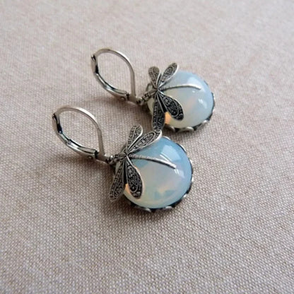 Vintage Bronze Dragonfly Earrings Fashion Gold Color Metal Carving Pattern Inlaid Moonstone Drop Earrings for Women Jewelry -