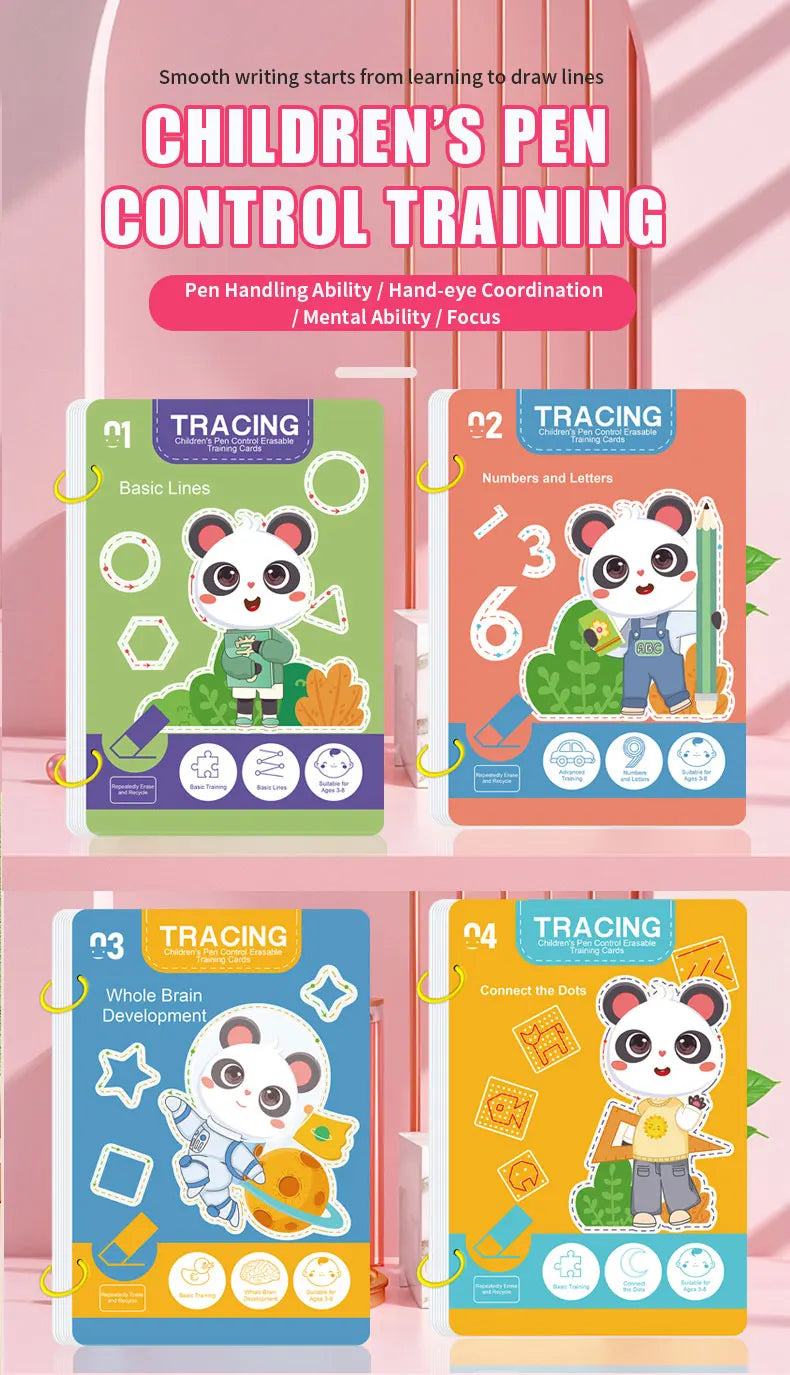 34-Page Reusable Magic Tracing Workbook, Educational Drawing and Pen Control Training, Includes Pen and Eraser, Essential for