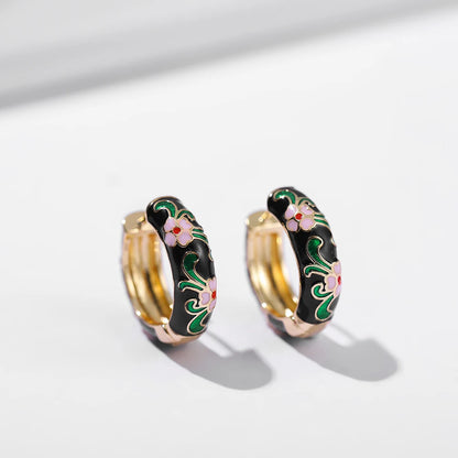 Vintage Enamel Flowers Cute Huggies Hoop Earrings for Women Classic Colorful Engraved Round Circle Ear Buckle Retro Brincos