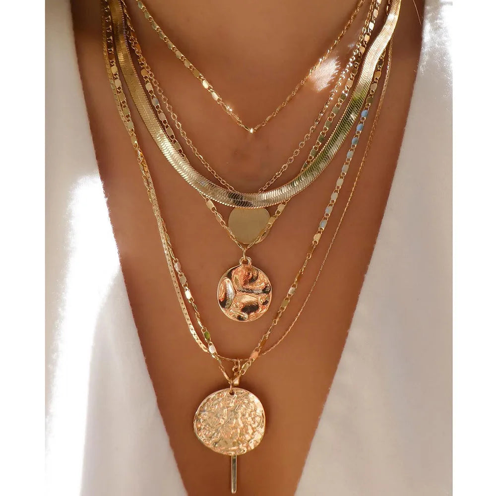 Vintage Gold Color Multiple Styles Necklace For Women Trendy Multi-Layer Disc Pendant Necklaces New Tendyaces Set Jewelry Gif
