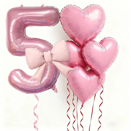 6pcs Pink Bow Heart Balloon with 32Inch Pink Number Foil Balloon for Birthday Party Wedding Engagements Anniversaries Decorat