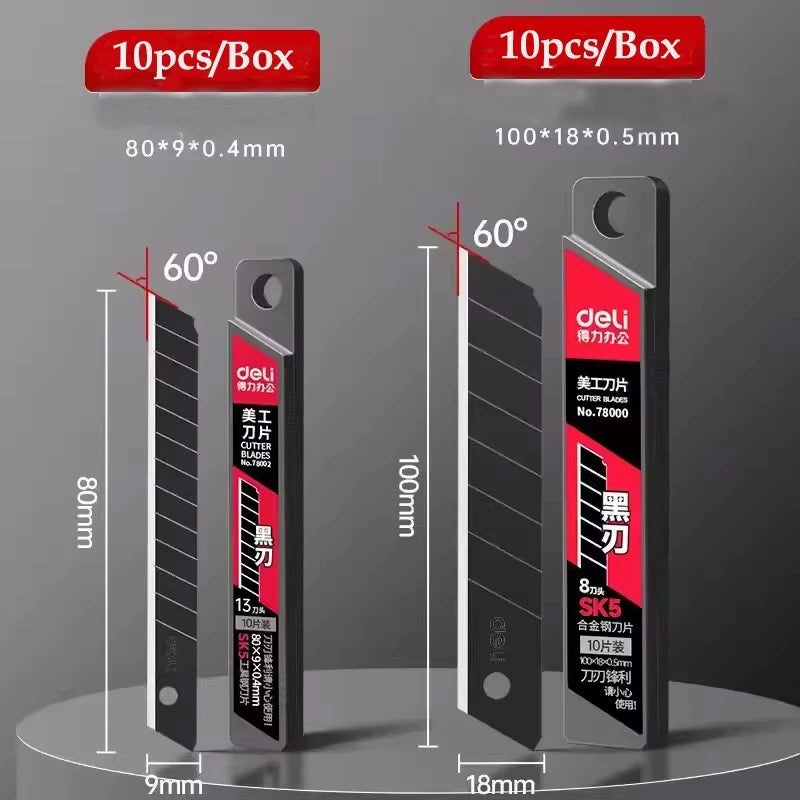 Deli Heavy Duty Utility Knife Black SK5 Carbon Steel Blades 9mm/18mm Auto-Retractable Box Cutter Sharp for Cardboard Cartons