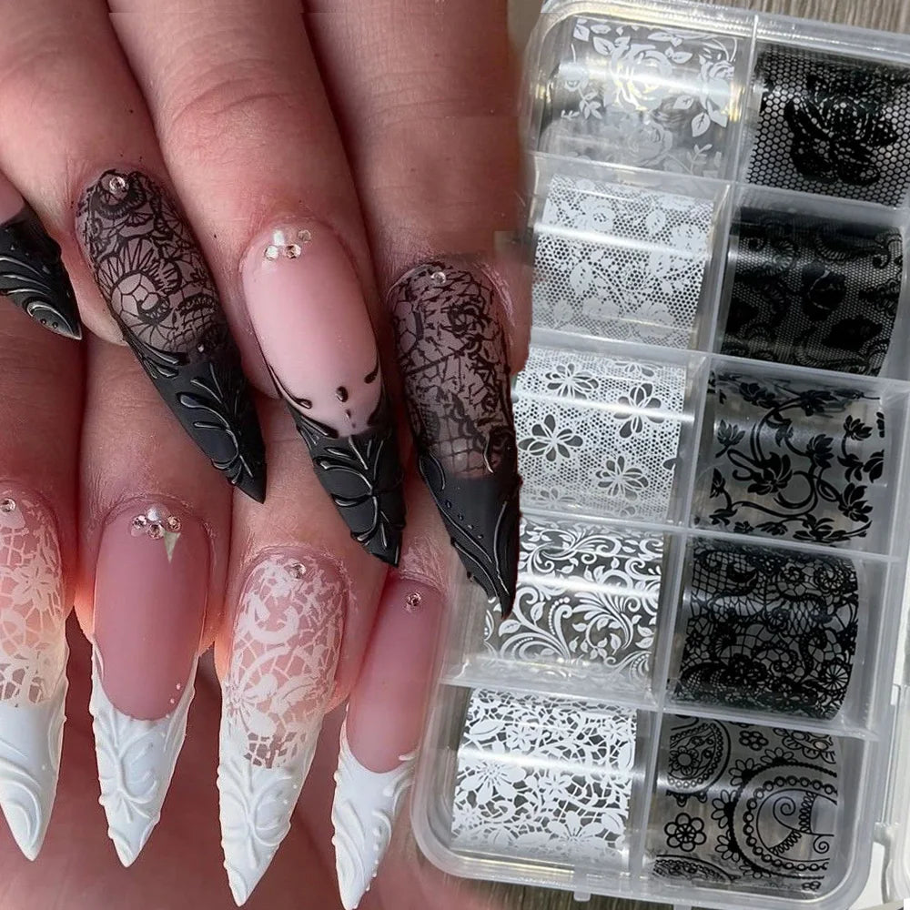 4X25cm-10rolls Sexy Black White Lace Nail Foils Untra-Thin White&Black Lace Flowers Nail Transfer Paper For Wedding Bride Dec
