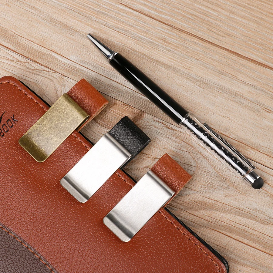 Handmade Leather Brass Stainless Steel Pen Holder Clip Journal Notebook Paper Folder Writing Office Supplies