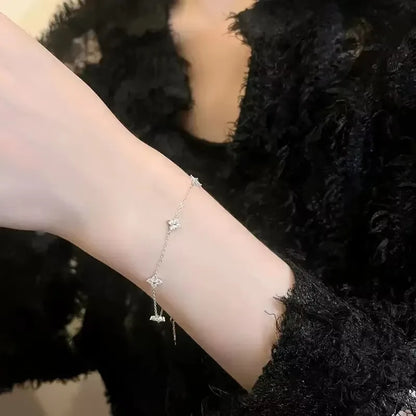 Crystal Four Leaf Flower Bracelet for Women Clasic Trendy Gold Color Stainless Steel Zircon Bangle Jewelry Gift