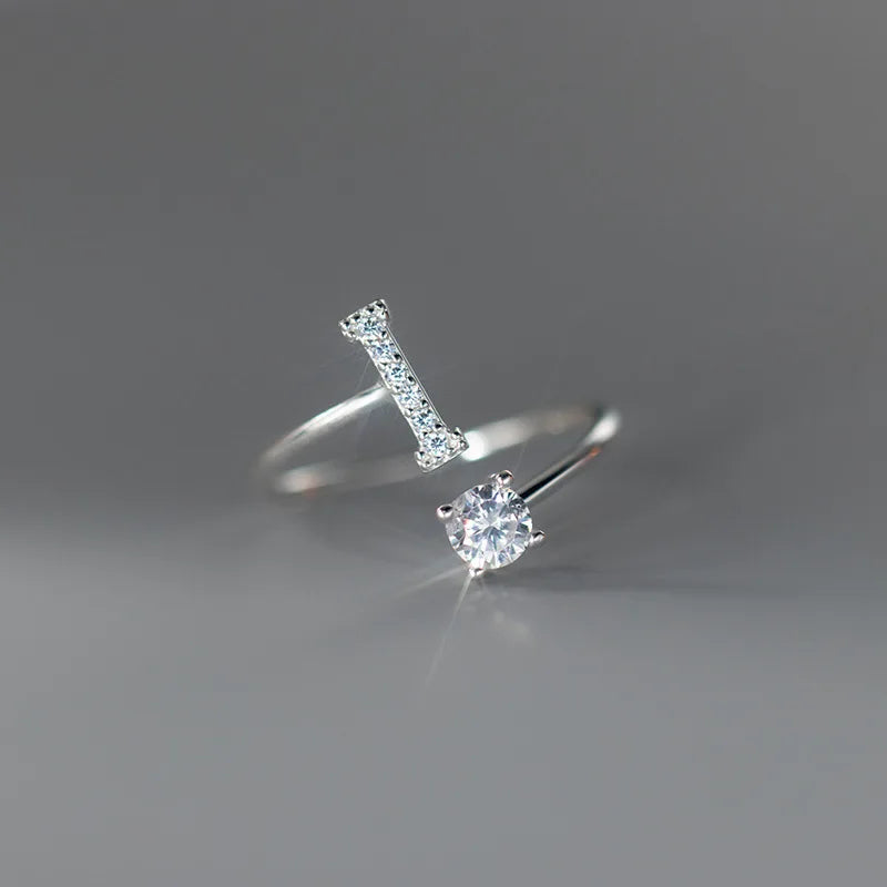 Zircon Initial A-Z Letter Ring For Women Metal Adjustable Opening Ring Name Alphabet Female Wedding Gift Anillos Mujer - I