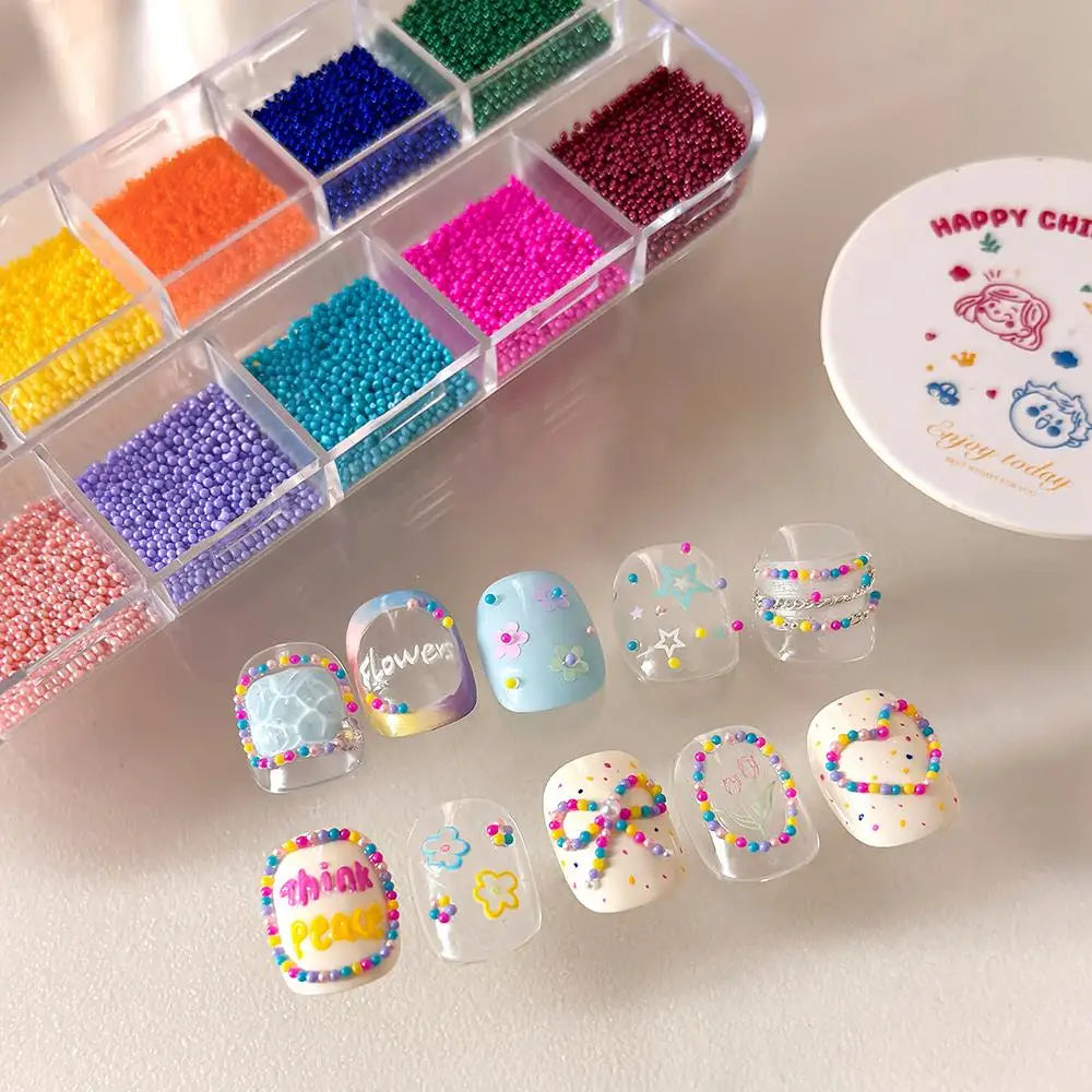 12Grids 3D Colorful Mini Caviar Beads Nail Charms Tiny Macaron Colors Round Ball Nails Art Decorations DIY Manicure Accessori