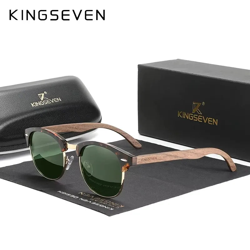 KINGSEVEN Brand Walnut Sunglasses Men Women Polarized UV400 Lens Wood Round Frame Glasses Vintage Retro Luxury Eyewear Patchw