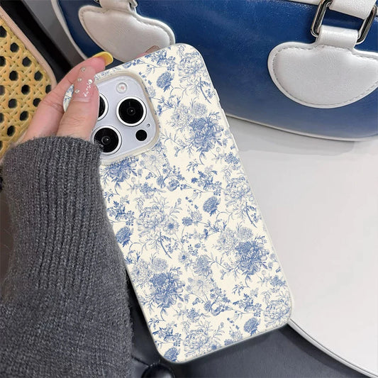 Vintage Floral Phone Case for iPhone 17 16 15 14 Plus 13 12 11 Pro Max Retro Blue Flower Pattern Shockproof TPU Protective Co