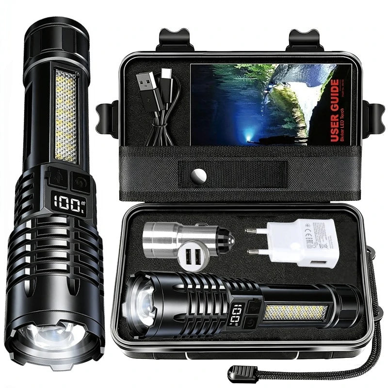 High Power LED Flashlights With Display Screen Zoom Tactical Torch Portable Rechargeable Lamp with Emergency Side Light Lante