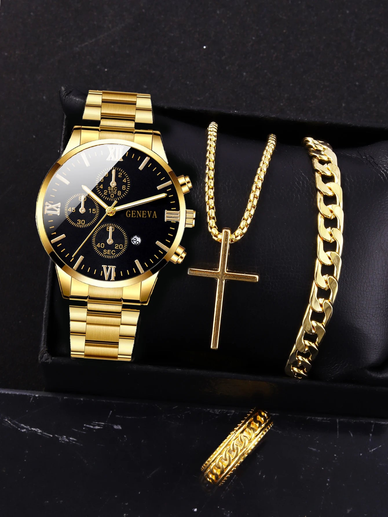 4pcs gold alloy Roman with calendar men's quartz watch and cross necklace bracelet ring set selected gift，Boxes not included