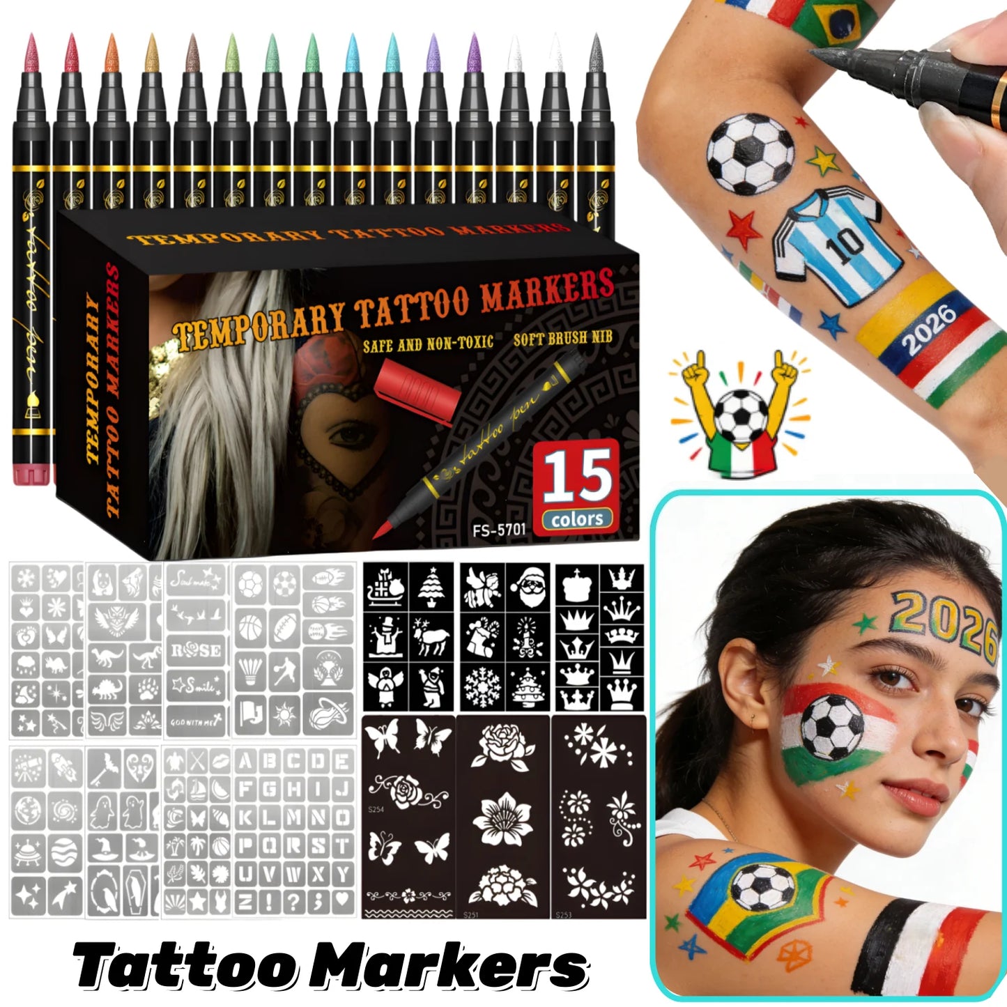 Temporary Tattoo Markers for Skin,10 Colors Tattoo Pens,Brush Tip,Bright colors,Face Paint Kit Cosmetic Quality,Halloween mak