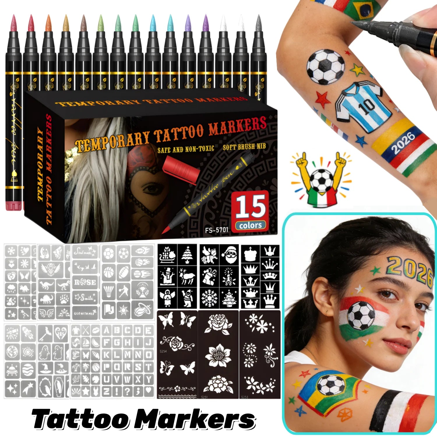 Temporary Tattoo Markers for Skin,10 Colors Tattoo Pens,Brush Tip,Bright colors,Face Paint Kit Cosmetic Quality,Halloween mak