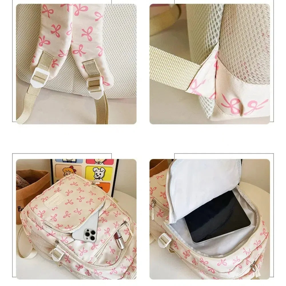 3 Pcs/Set Cute Schoolbag Large Capacity Bow Backpack Bow Print Nylon School Bag Adjustable Strap Travel Backpack