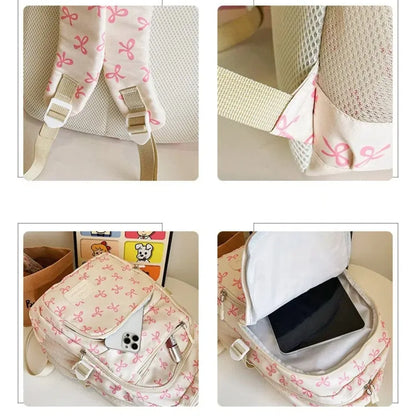 3 Pcs/Set Cute Schoolbag Large Capacity Bow Backpack Bow Print Nylon School Bag Adjustable Strap Travel Backpack