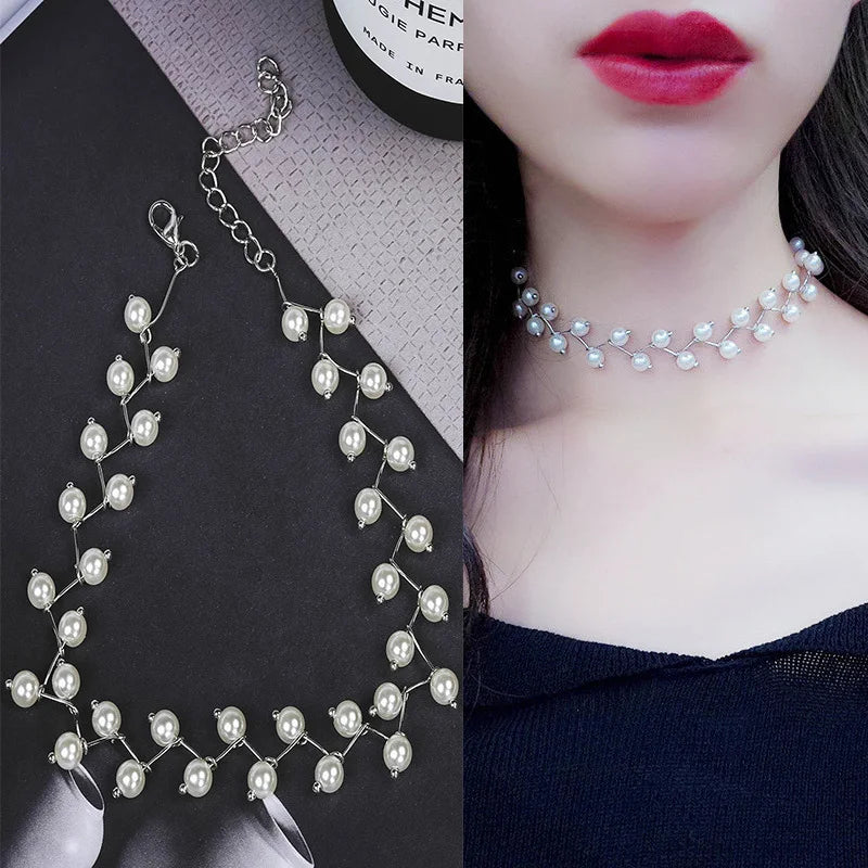 New Korean Pearl Necklaces for Women Gold Color Link Chain Choker Fashion Neck Accessories Elegant Collar Bijoux Femme - N284