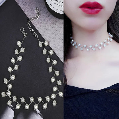 New Korean Pearl Necklaces for Women Gold Color Link Chain Choker Fashion Neck Accessories Elegant Collar Bijoux Femme - N284