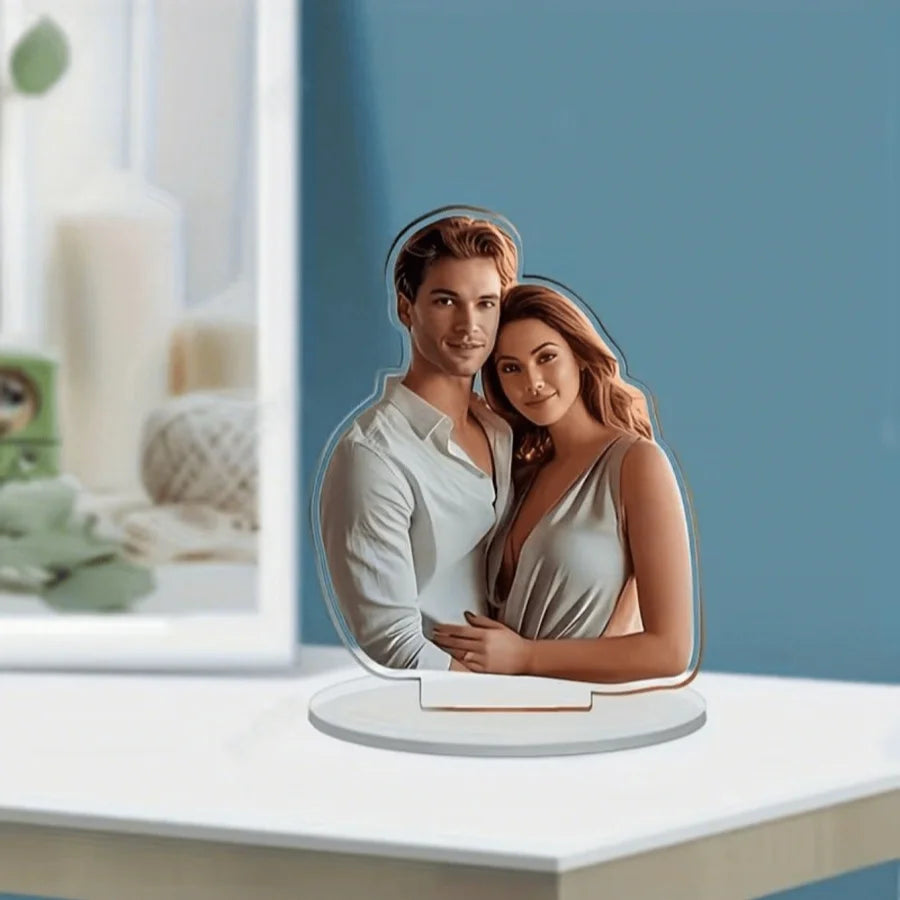 A custom acrylic desktop decoration with personalized photo options, including artistic images, couple portraits, and family 
