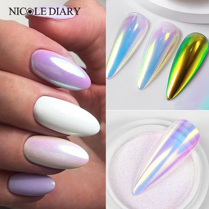 NICOLE DIARY Aurora Nail Powder Pigment Pearl Metallic Rubbing Dust Chameleon Effect Nail Art Glitter Manicure Decoration