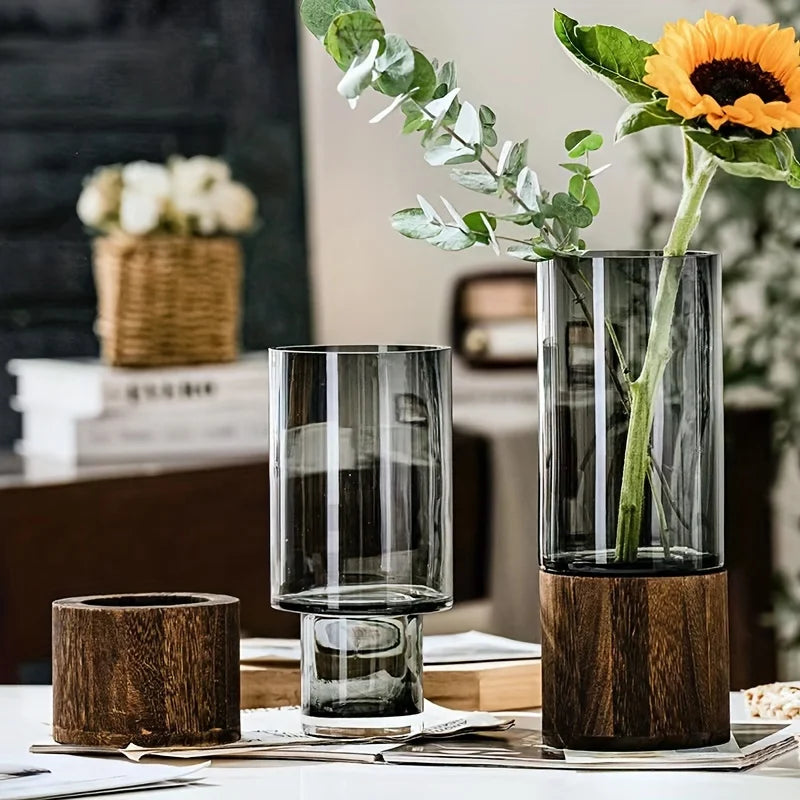 Elegant Glass Vase with Wooden Base for Hydroponic Plants, Modern Tabletop Floral Arrangement Home Decoration