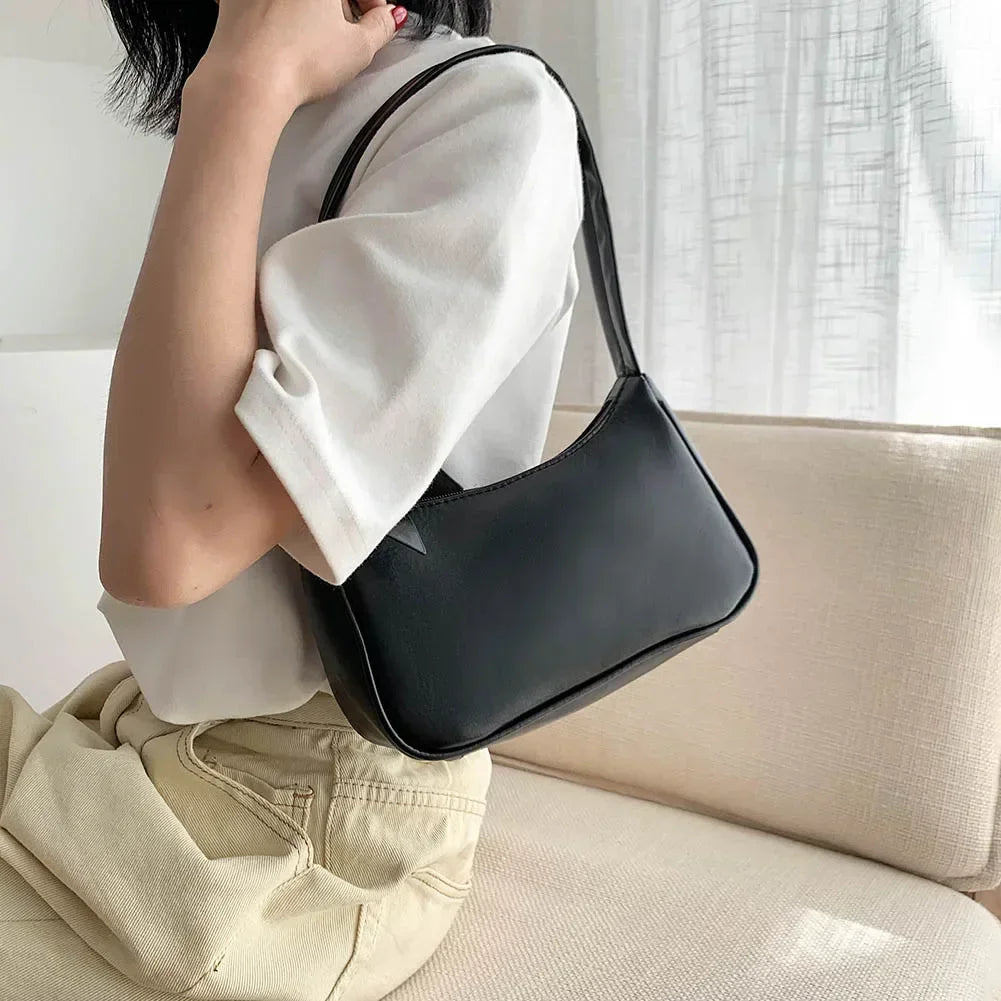 New Retro Soft PU Leather Women Shoulder Underarm Bags Casual Solid Color Small Top-Handle Handbags Ladies Fashion Shoulder B