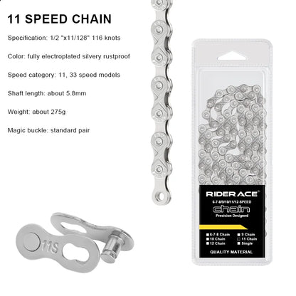 RIDERACE Bicycle Chain 116L 8 9 10 11 12 Speed Silver Ultralight Mountain Road Bike Chain For 24/27/30 Variable Speed Chain -