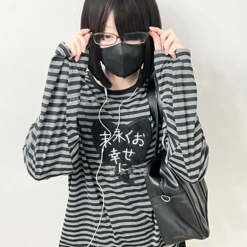 American Punk Vintage O Neck Long Sleeve Shirts All-Match Striped Design Harajuku Embroidery Tops Y2k Aesthetic High Street T