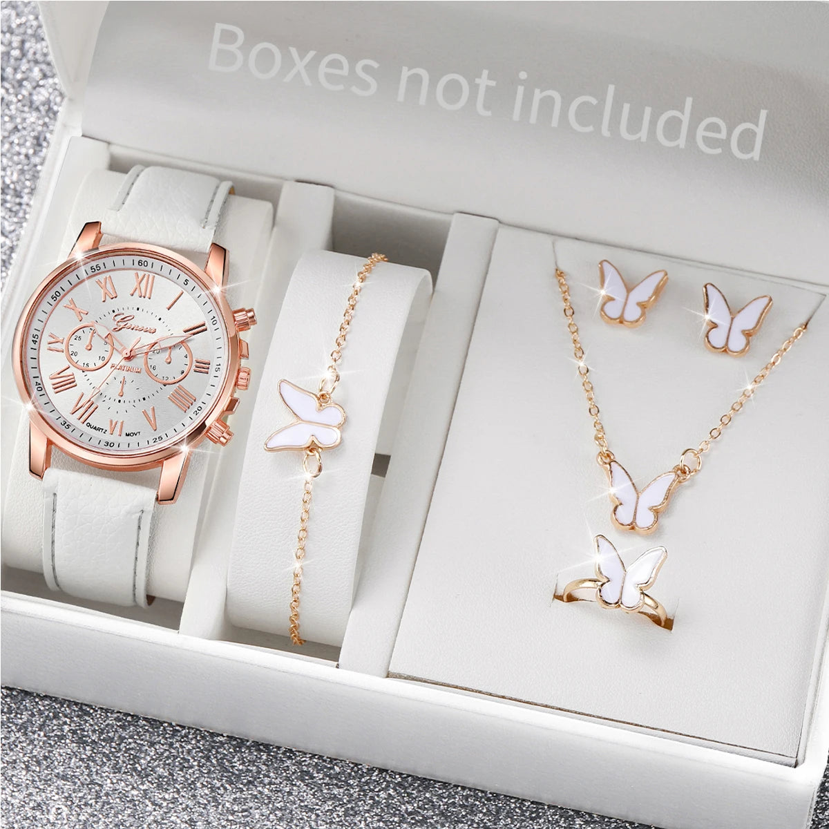 5/6PCS Fashion Women's Quartz Watch Leather Band Analog Wrist Watches Heart Rhinestone Jewelry Set(Without Box) - A Without B